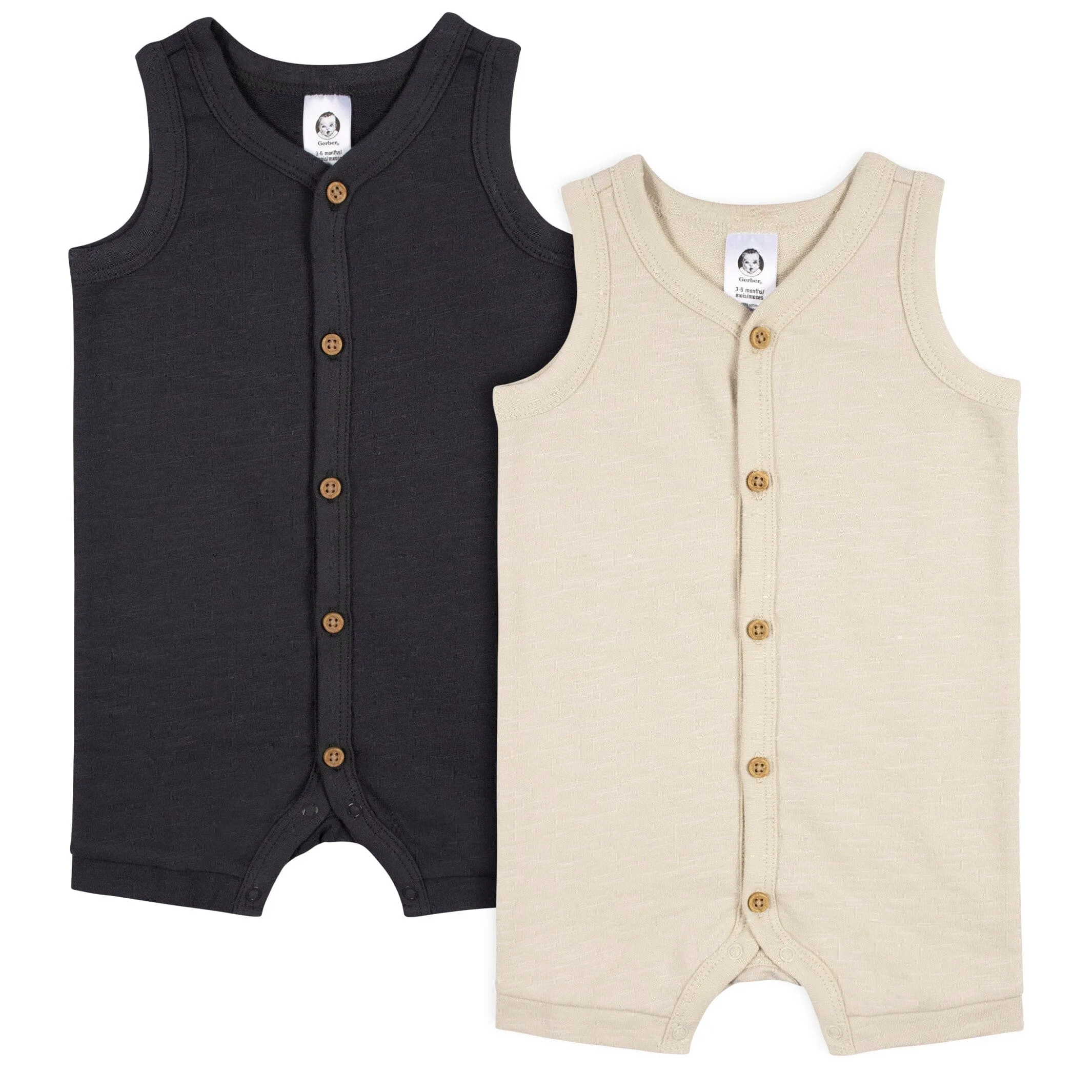 2-Pack Baby Boys Tan & Dark Gray Short Leg Sleeveless Romper