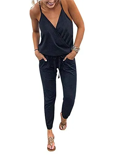 Adibosy Women V Neck Jumpsuits Overalls Strap Sleeveless Summer Casual Playsuit Rompers with Pockets Dark Gray XL