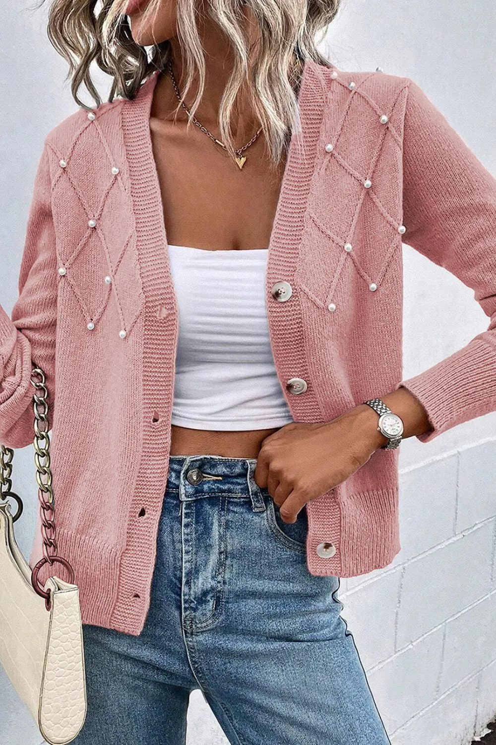 Beaded V-Neck Button Up Long Sleeve Cardigan