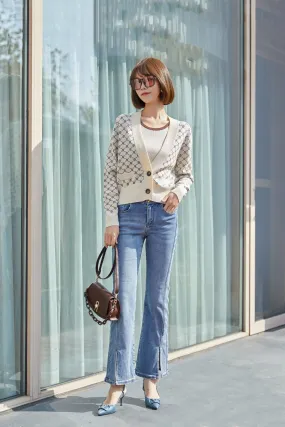 Beige Open Front Knit Printed Cardigans Sweater