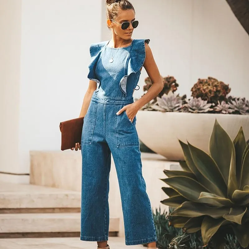 Bell Wide Leg Bodycon Denim Jumpsuit Casual Rompers Back Lace Up