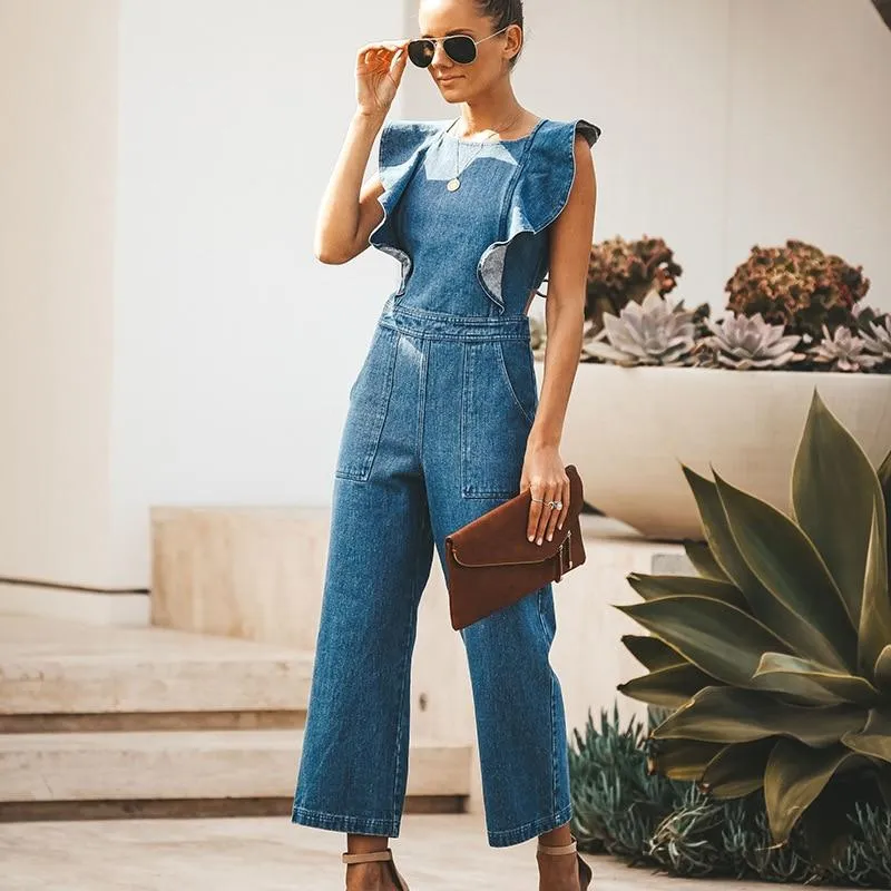 Bell Wide Leg Bodycon Denim Jumpsuit Casual Rompers Back Lace Up