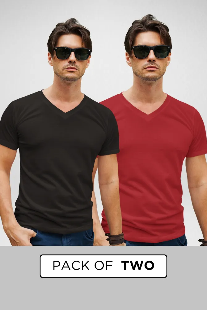 Black and Red V Neck T-Shirts Combo for Men