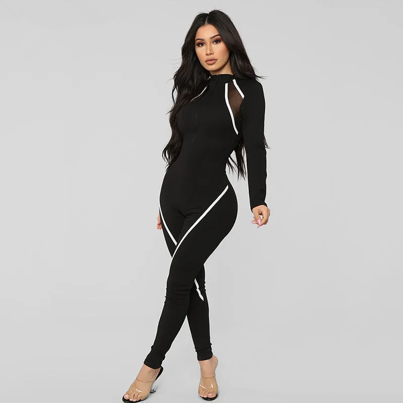 Black Long Sleeve Stripes Bodycon Skinny Jumpsuits