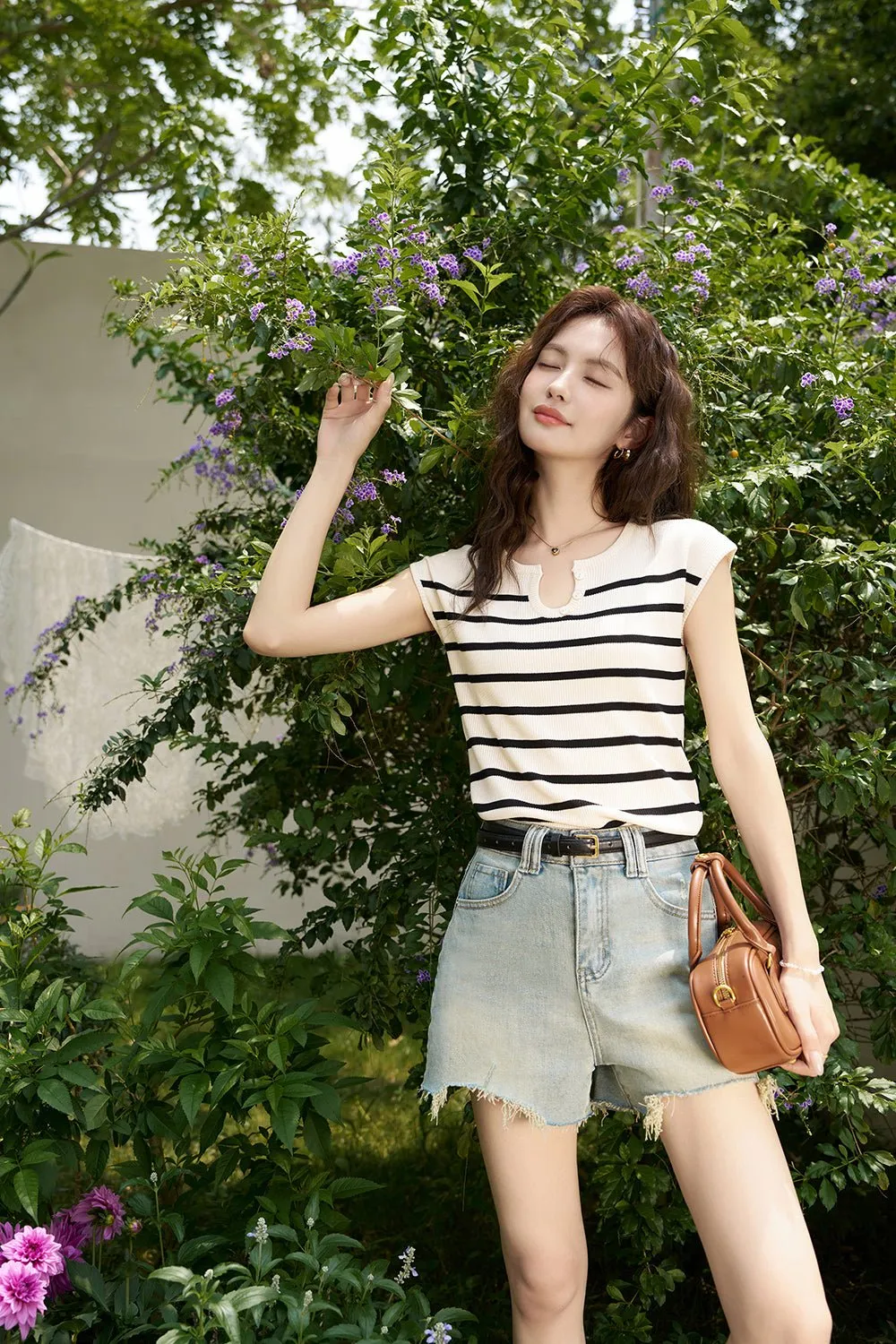 Black Striped Knit T-shirt for Women