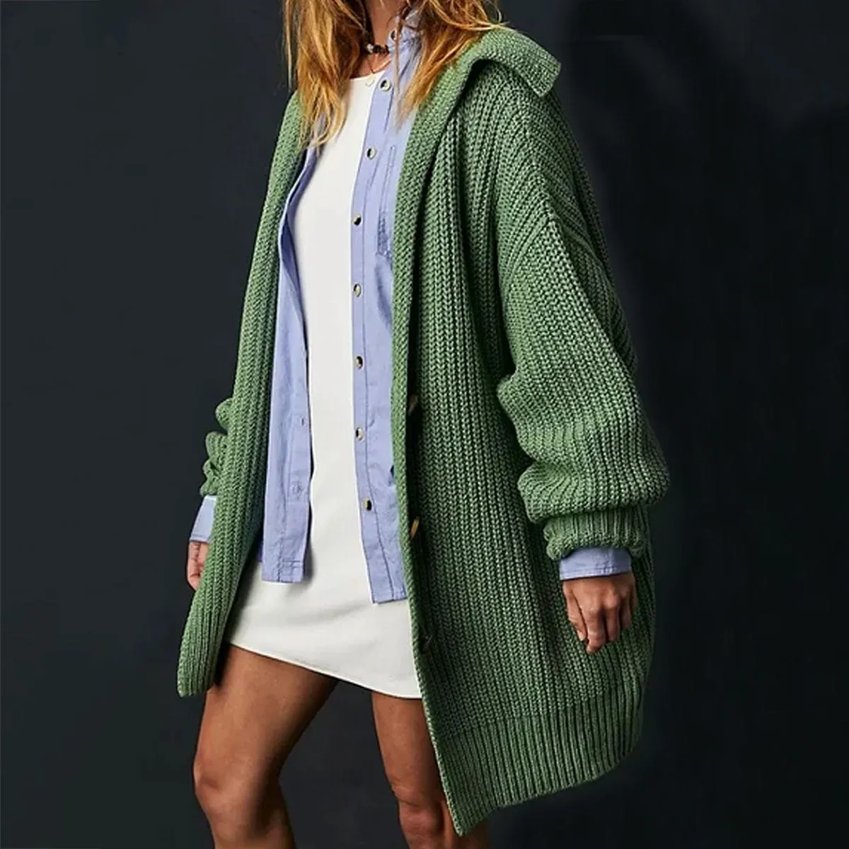 Boho Chic Spread Collar Button Up Long Sleeve Oversized Knit Cardigan