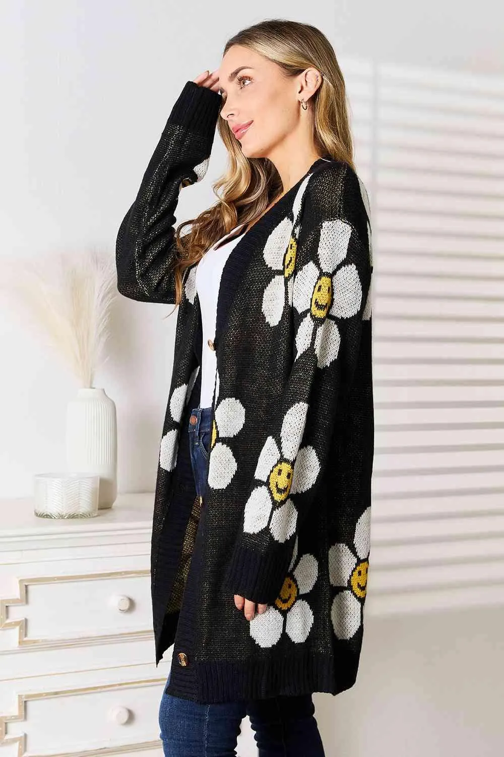 Botanical Elegance Longline Button-Up Cardigan