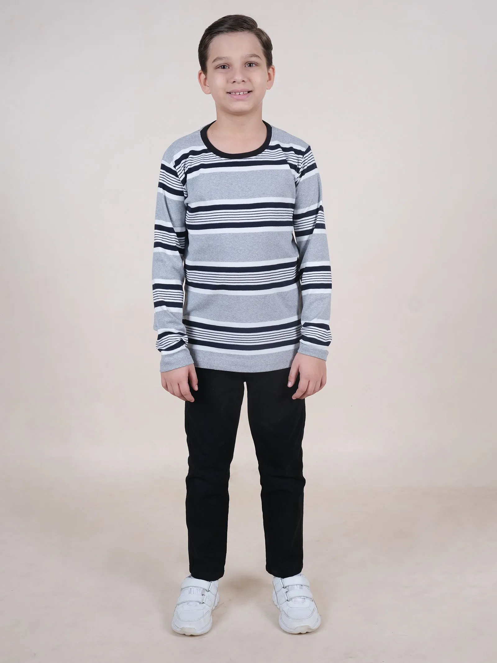 Boys Cotton Full Sleeves Striped T-Shirt