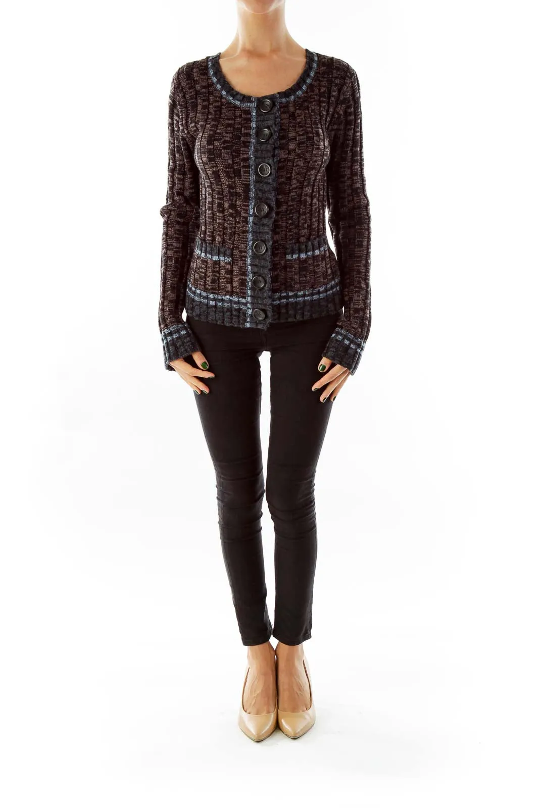 Brown Textured Button-Up Cardigan