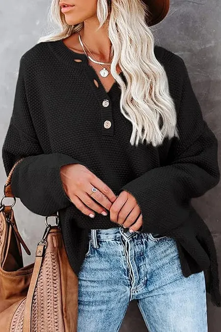 Button Up Crewneck Waffle Long Sleeve Pullover Sweater