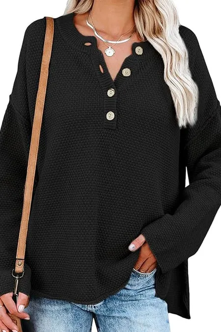 Button Up Crewneck Waffle Long Sleeve Pullover Sweater