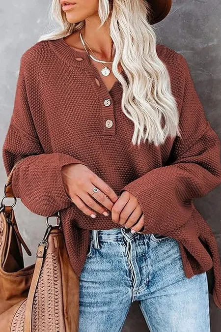 Button Up Crewneck Waffle Long Sleeve Pullover Sweater