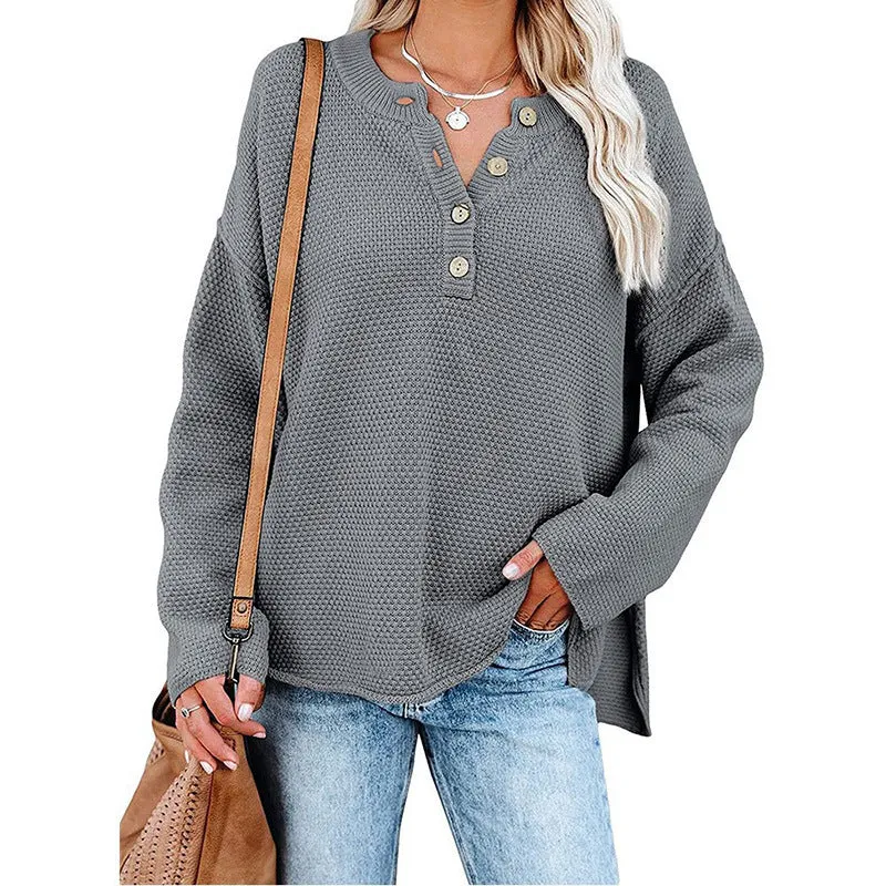 Button Up Crewneck Waffle Long Sleeve Pullover Sweater