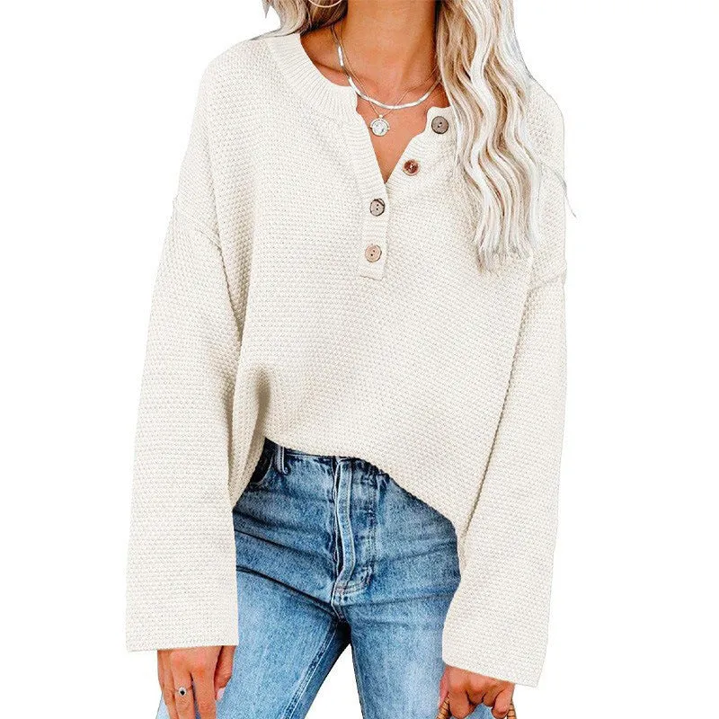 Button Up Crewneck Waffle Long Sleeve Pullover Sweater