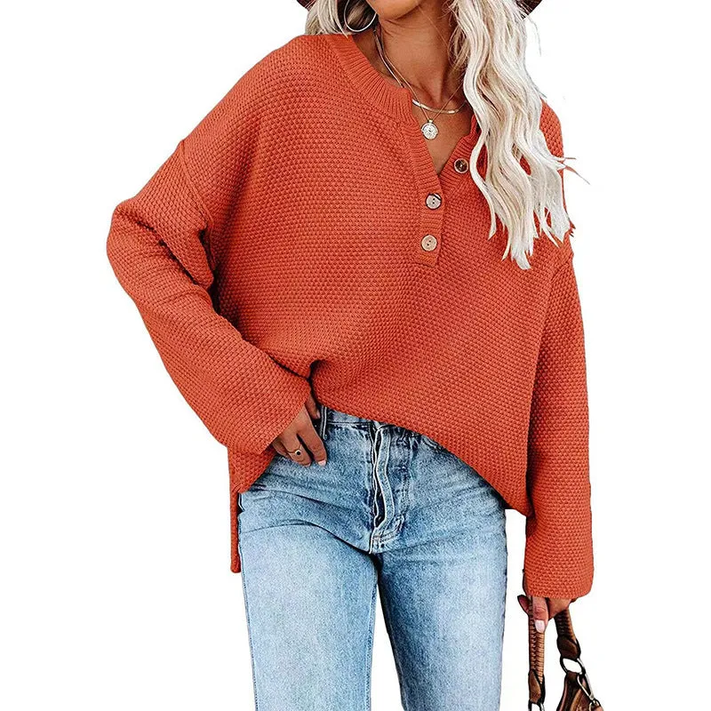 Button Up Crewneck Waffle Long Sleeve Pullover Sweater