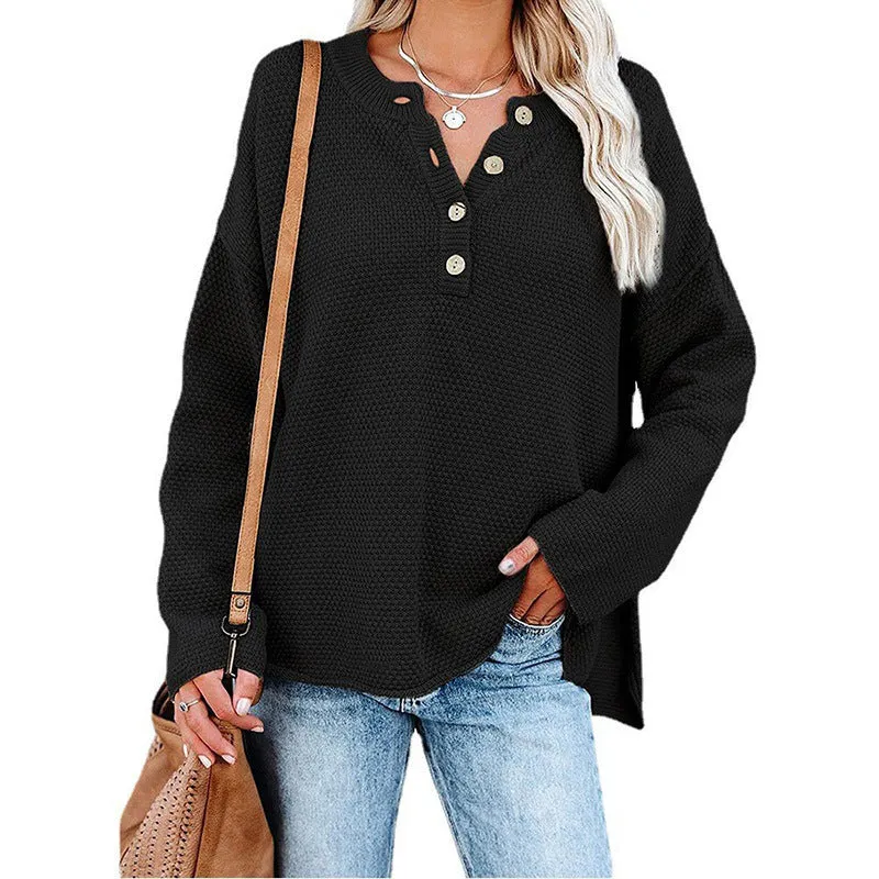 Button Up Crewneck Waffle Long Sleeve Pullover Sweater