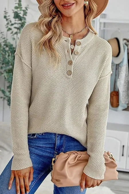 Button Up Crewneck Waffle Long Sleeve Pullover Sweater