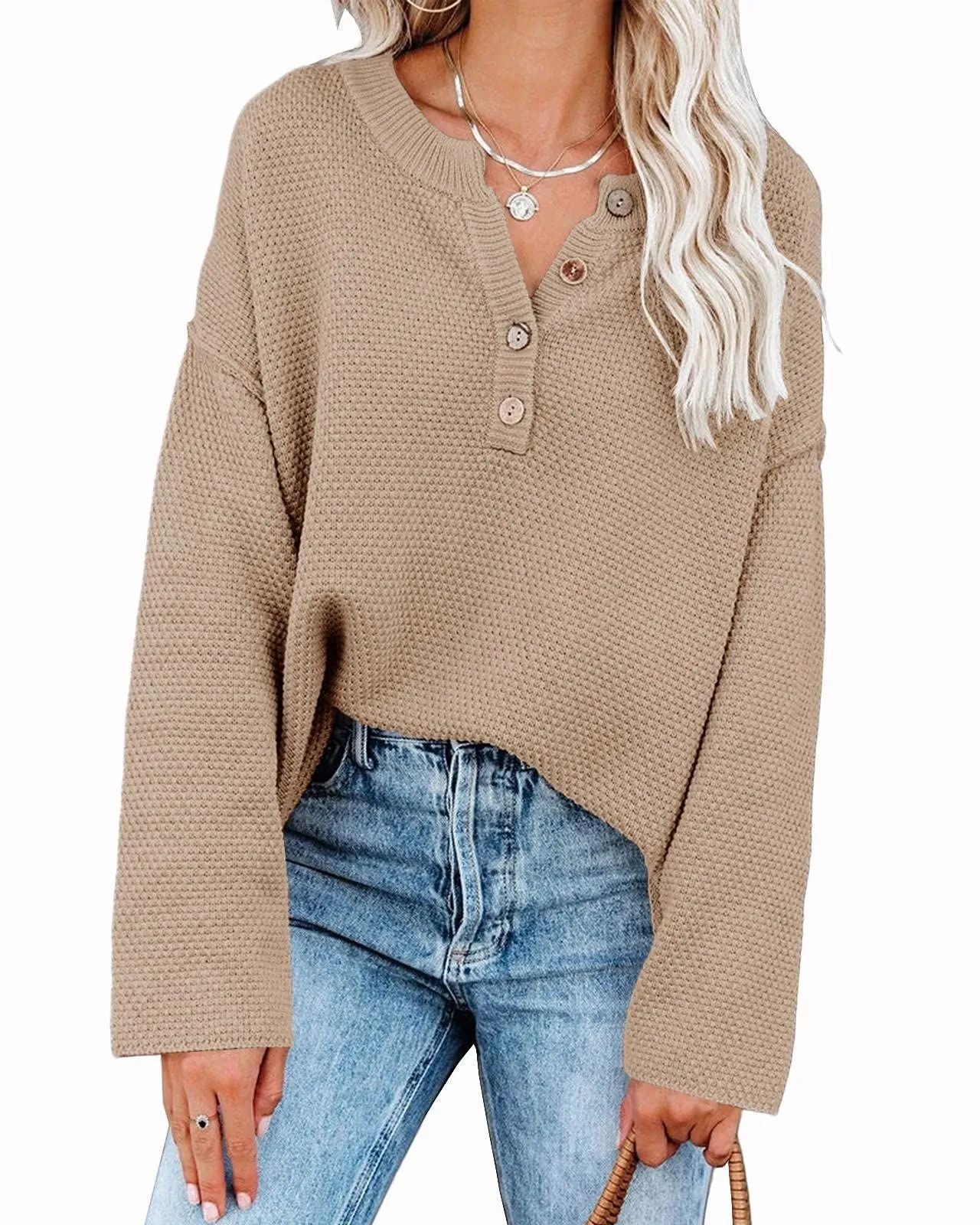 Button Up Crewneck Waffle Long Sleeve Pullover Sweater