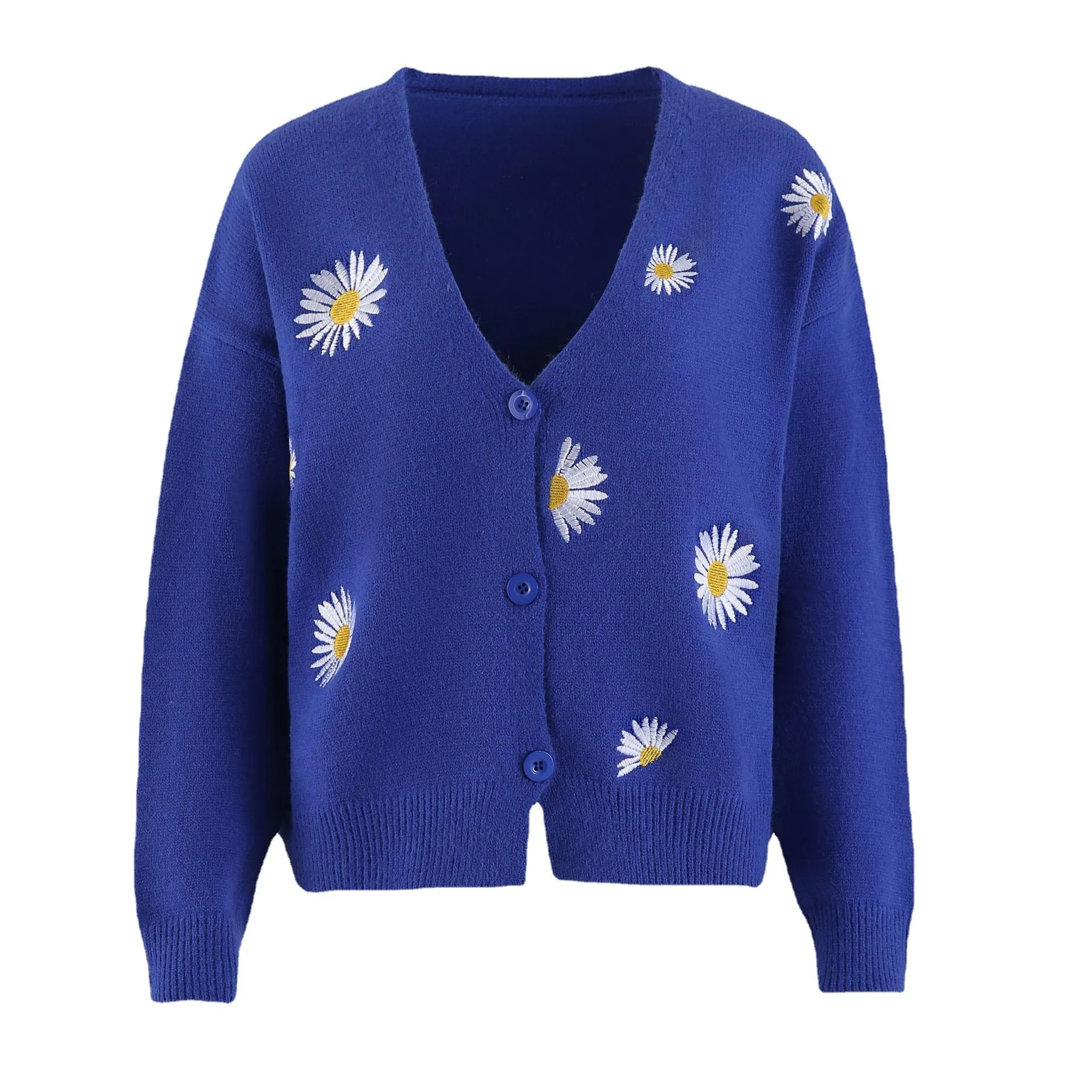 Button Up Daisy Embroidery V-neck Sweater Cardigan