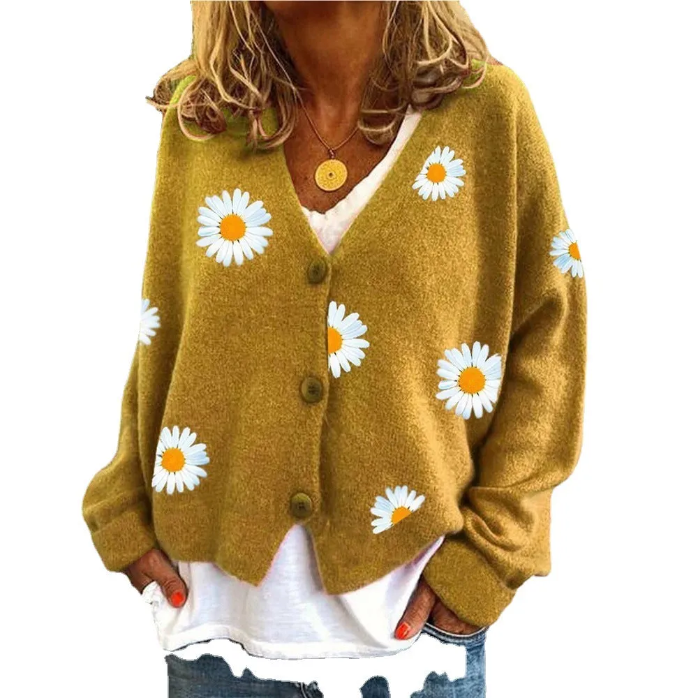 Button Up Daisy Embroidery V-neck Sweater Cardigan