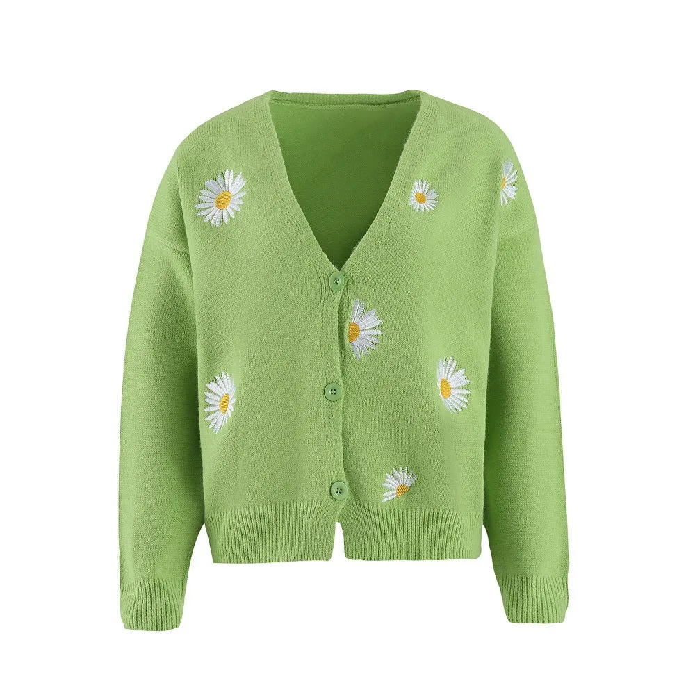 Button Up Daisy Embroidery V-neck Sweater Cardigan