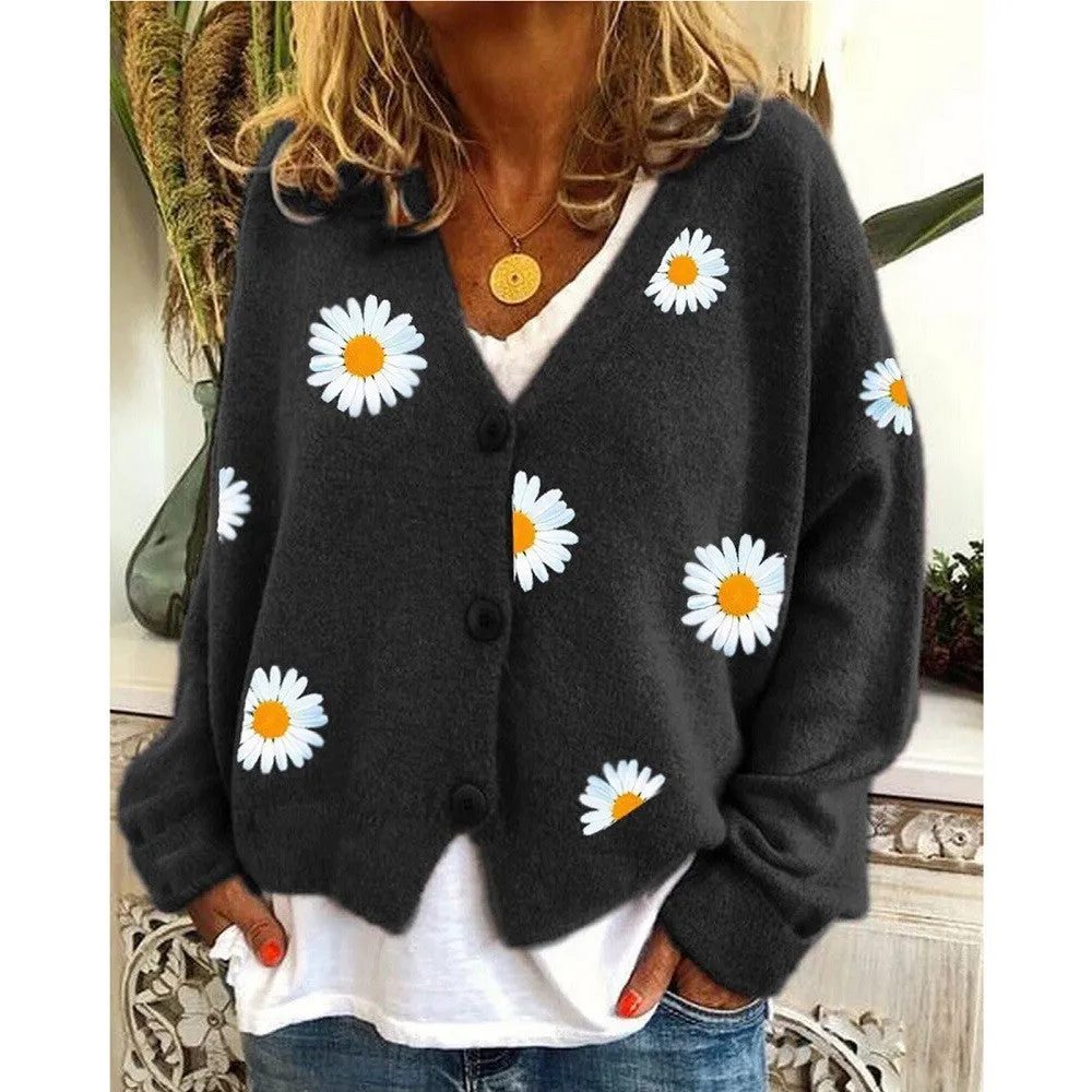 Button Up Daisy Embroidery V-neck Sweater Cardigan