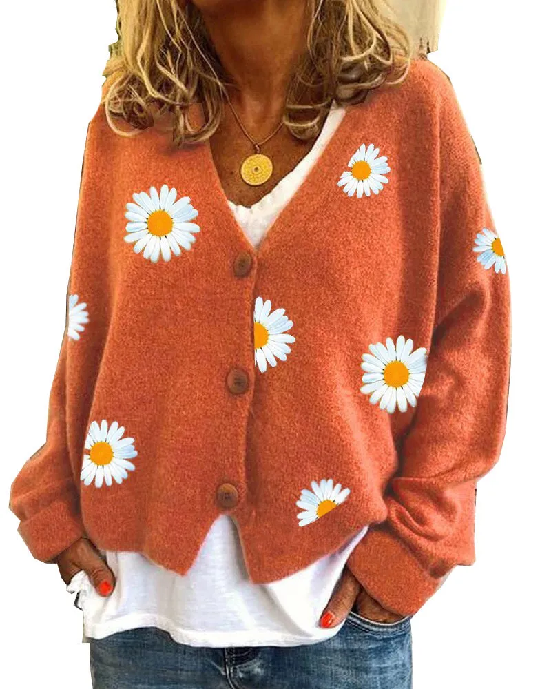 Button Up Daisy Embroidery V-neck Sweater Cardigan