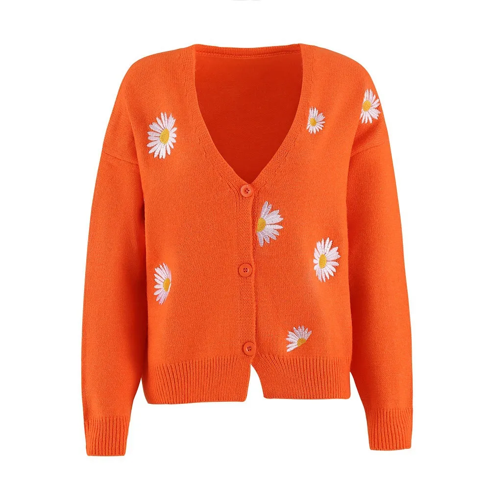 Button Up Daisy Embroidery V-neck Sweater Cardigan