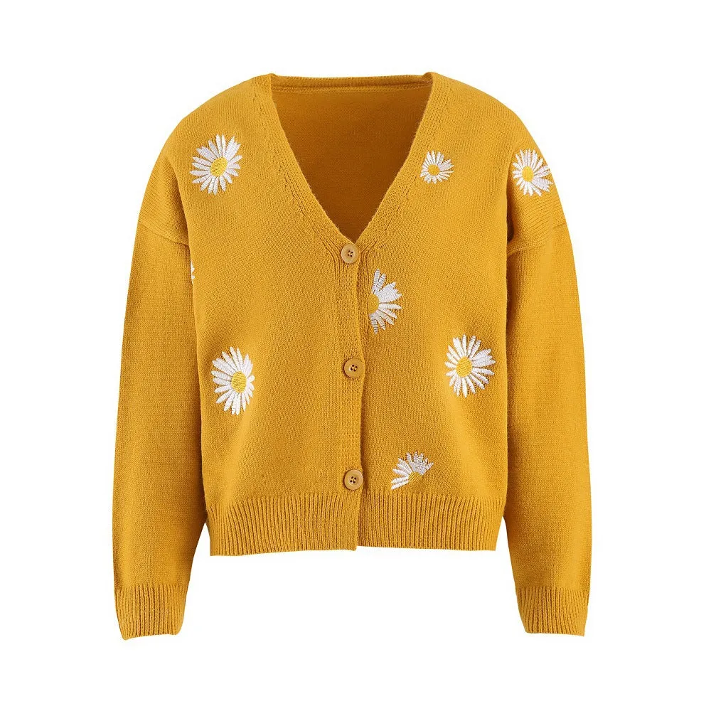 Button Up Daisy Embroidery V-neck Sweater Cardigan