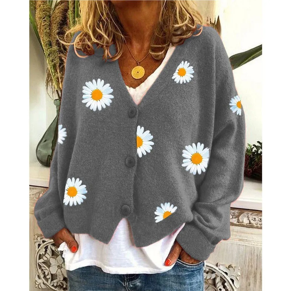 Button Up Daisy Embroidery V-neck Sweater Cardigan