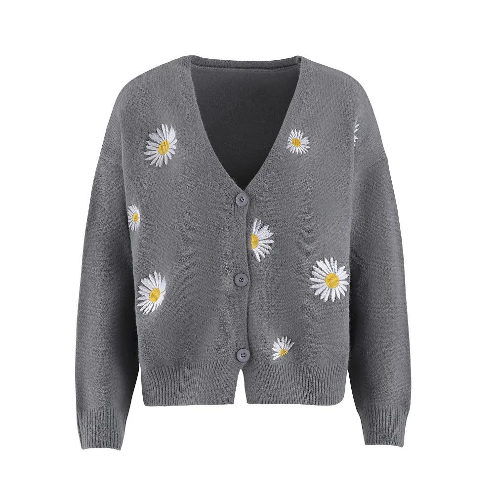 Button Up Daisy Embroidery V-neck Sweater Cardigan