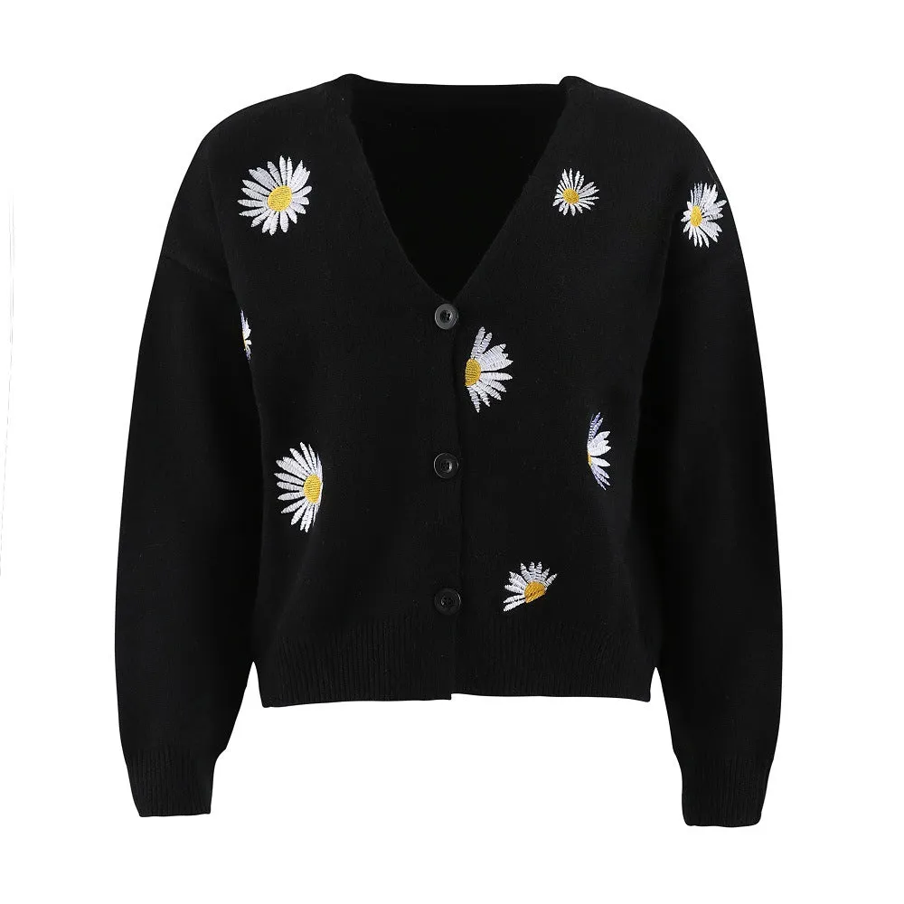 Button Up Daisy Embroidery V-neck Sweater Cardigan