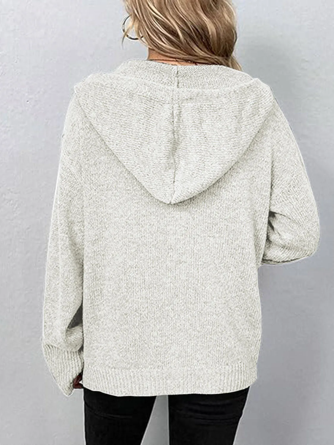 Button Up Drawstring Long Sleeve Hooded Cardigan