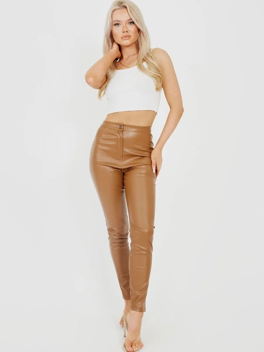 Camel High Waist PU Trouser