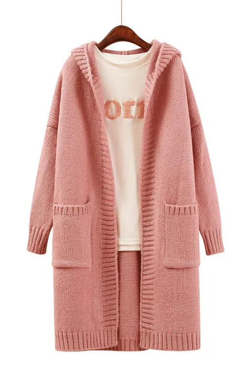 Candy Color Pockets Long Hooded Cardigan