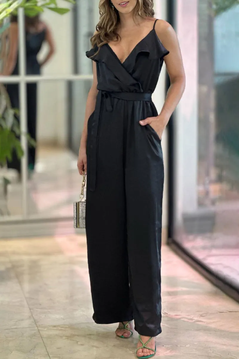 Casual Celebrities Solid Flounce V Neck Loose Jumpsuits