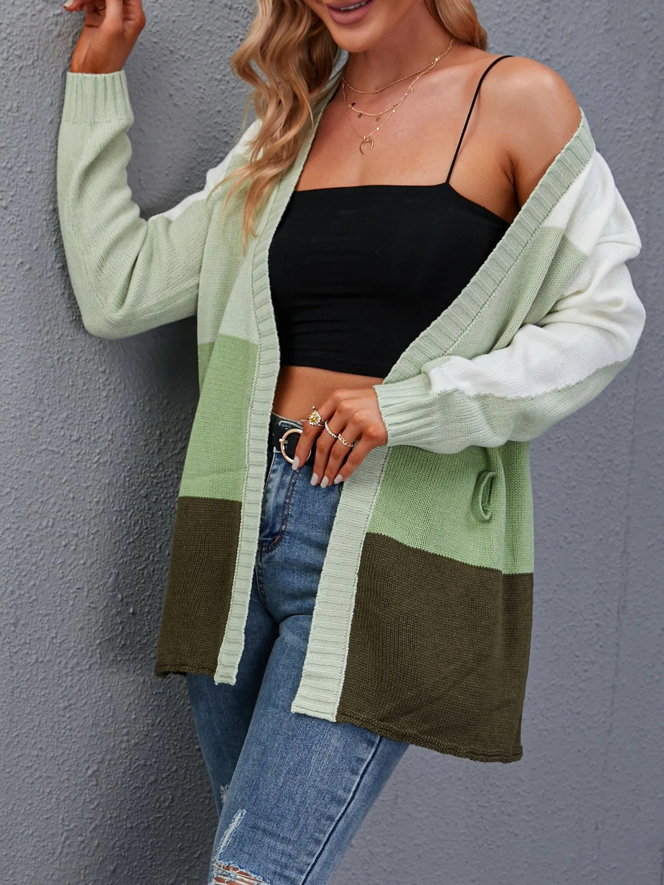 Casual Colorblock Belted Long Sleeve V Neck Short Women Cardigan