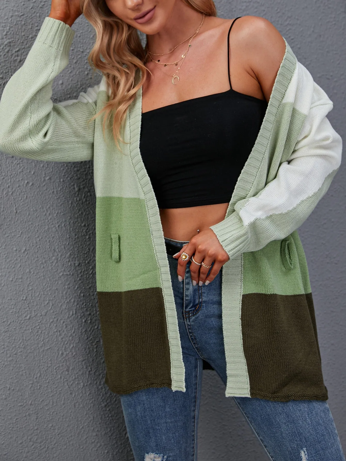 Casual Colorblock Belted Long Sleeve V Neck Short Women Cardigan