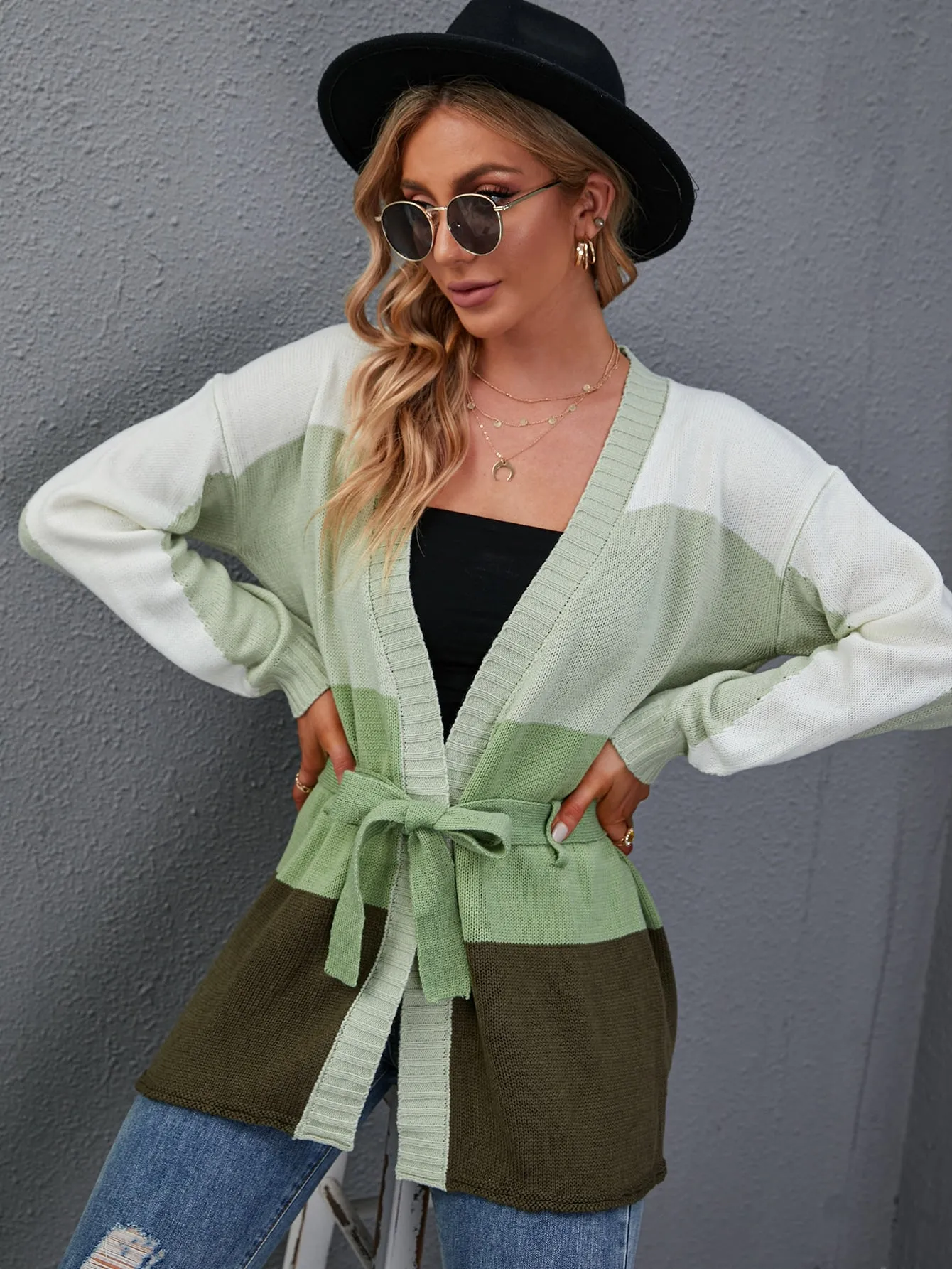 Casual Colorblock Belted Long Sleeve V Neck Short Women Cardigan