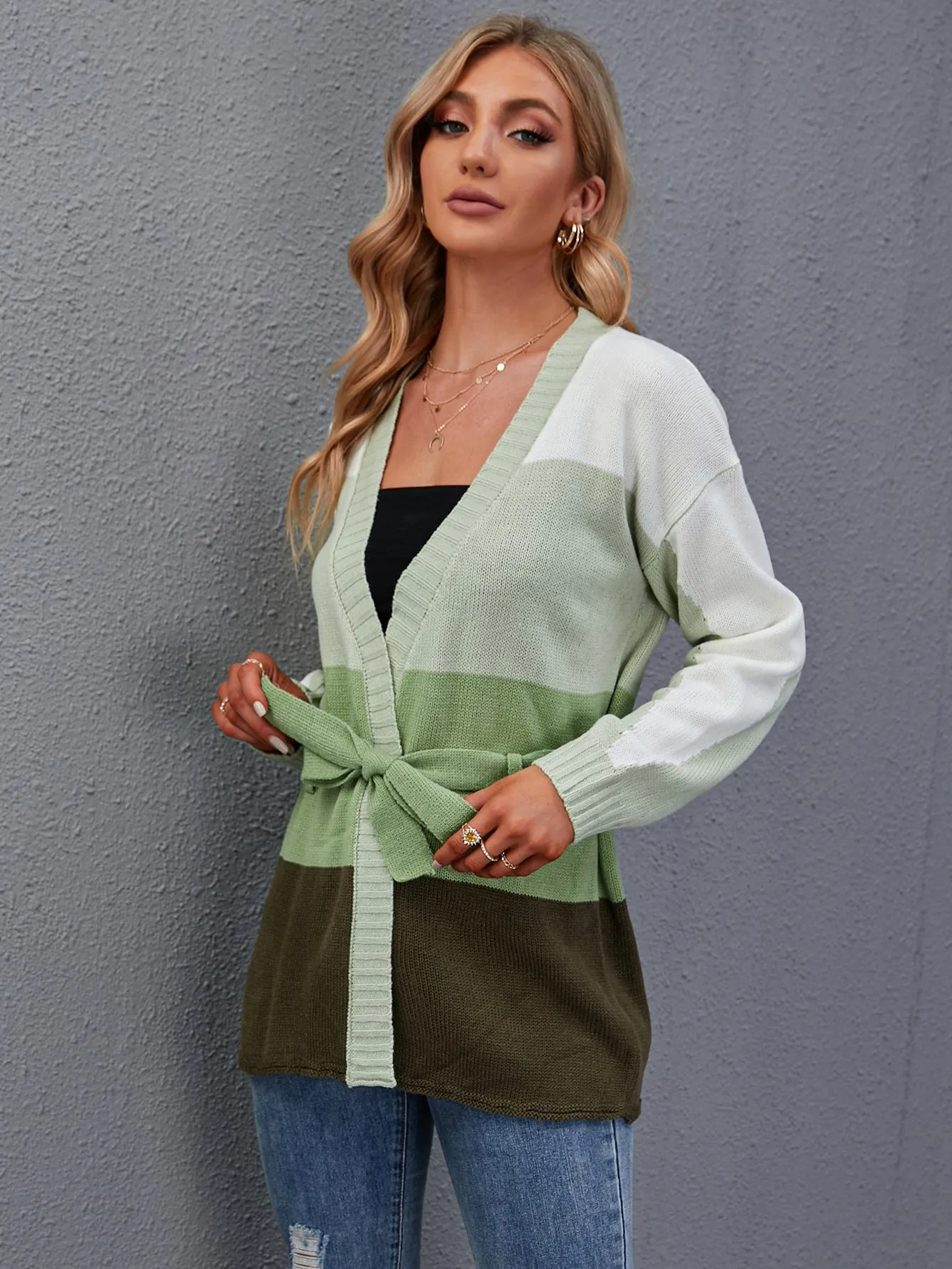 Casual Colorblock Belted Long Sleeve V Neck Short Women Cardigan