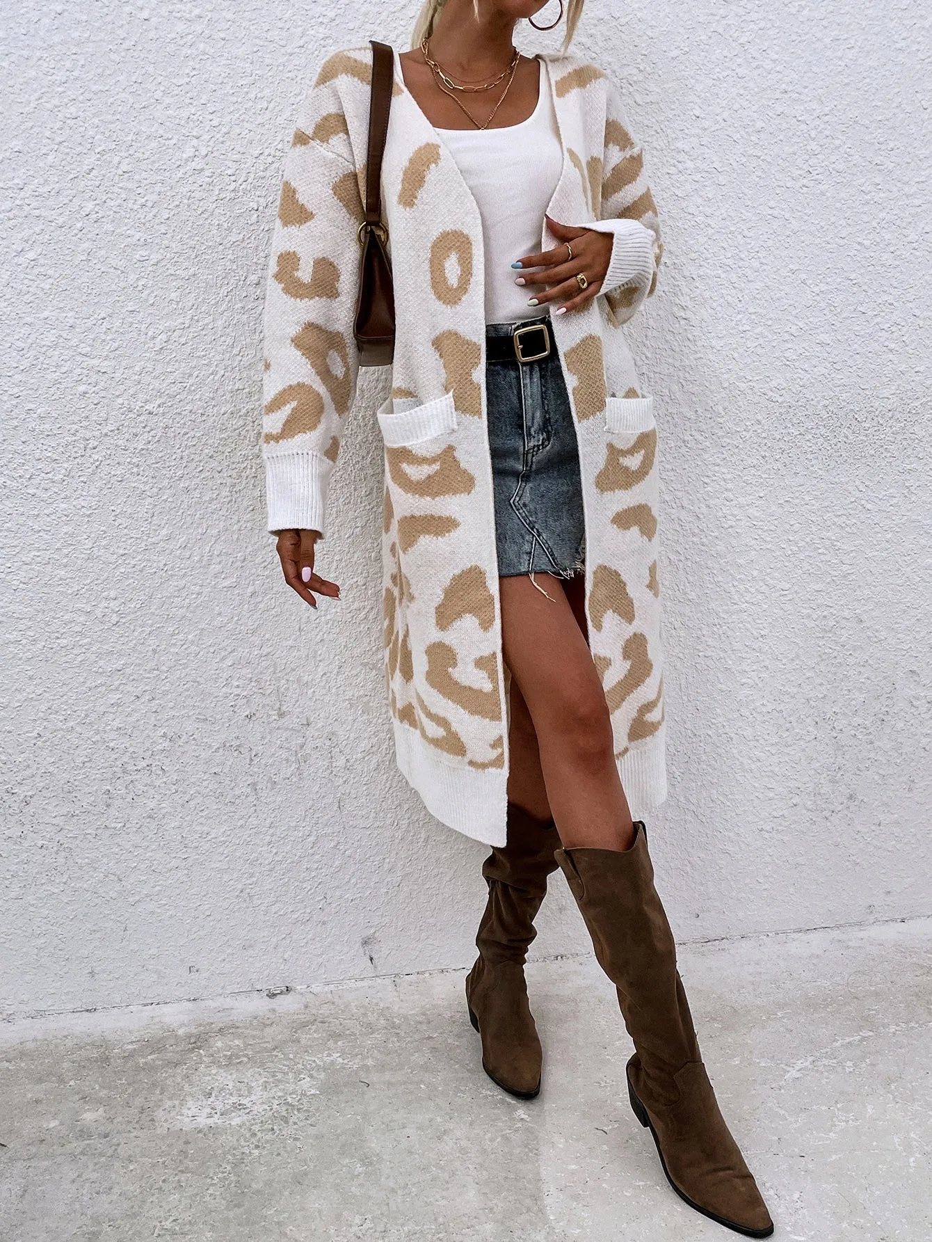 Casual Leopard Pocket Long Sleeve Midi Women Cardigan