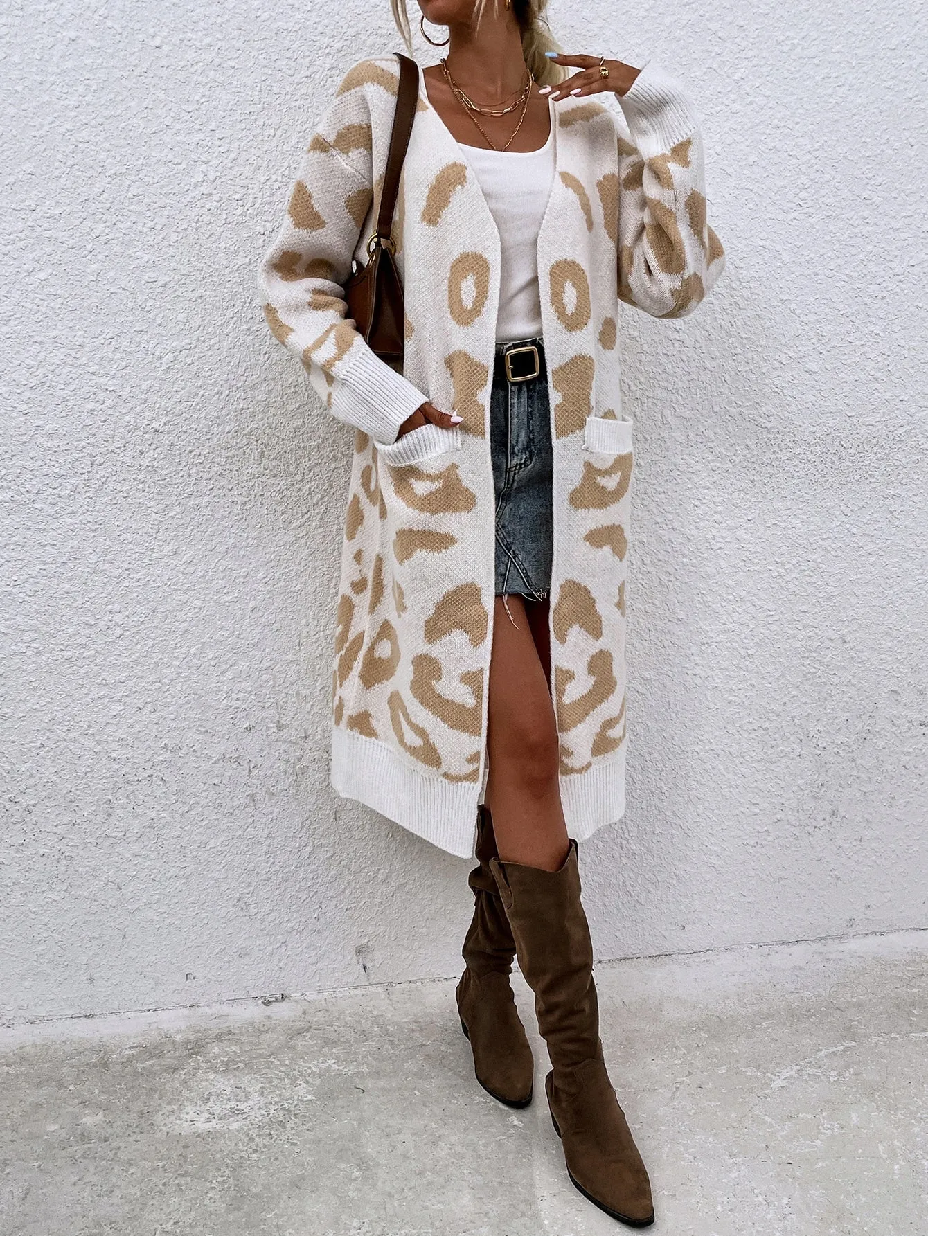 Casual Leopard Pocket Long Sleeve Midi Women Cardigan