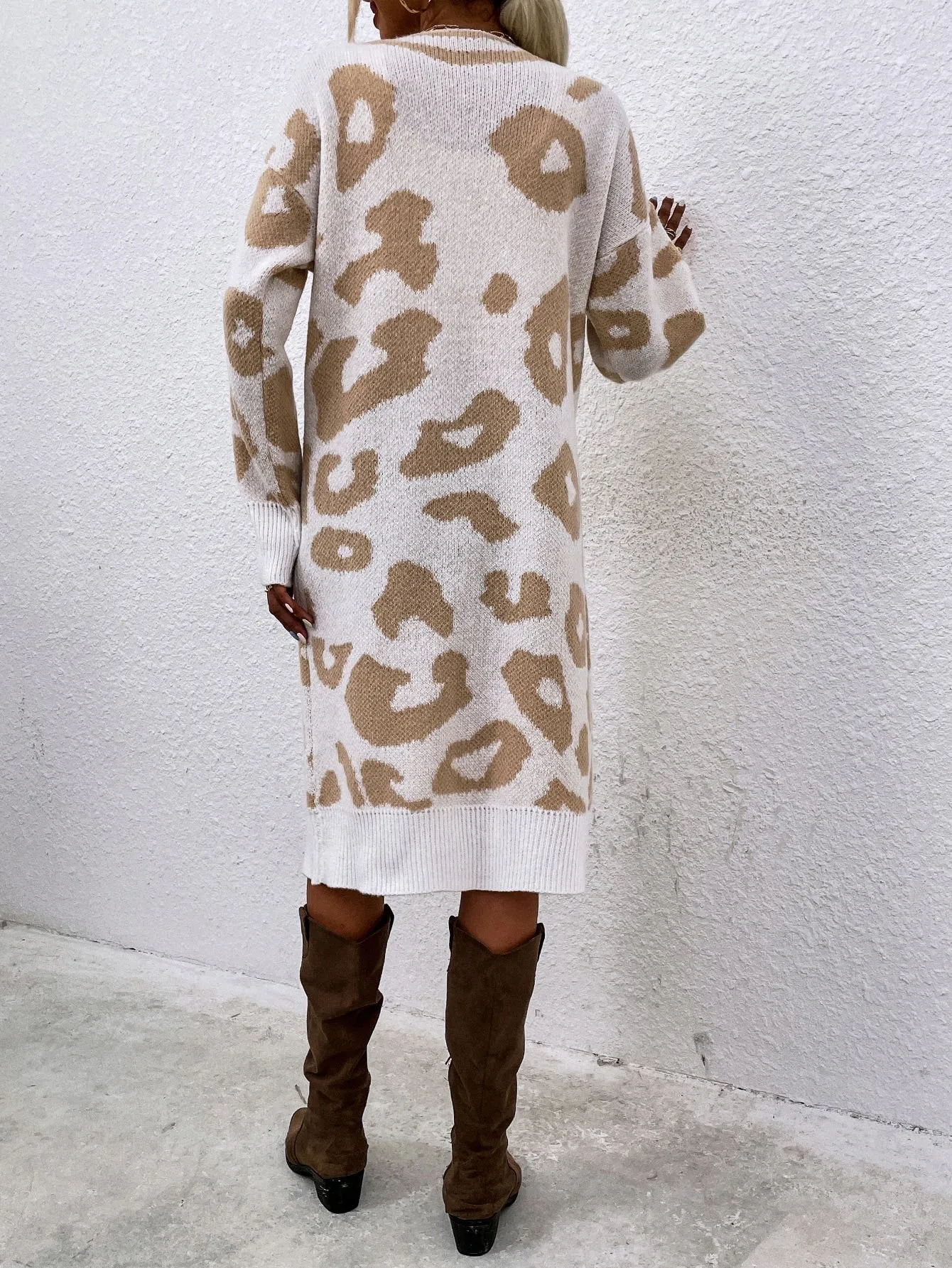 Casual Leopard Pocket Long Sleeve Midi Women Cardigan