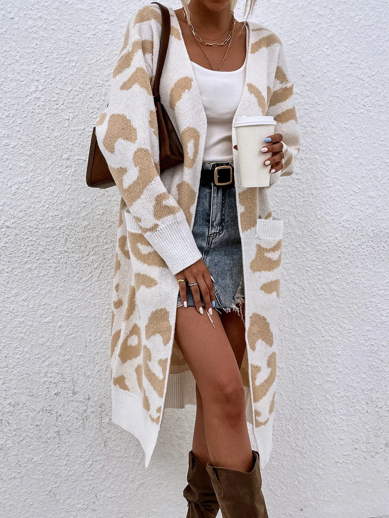 Casual Leopard Pocket Long Sleeve Midi Women Cardigan