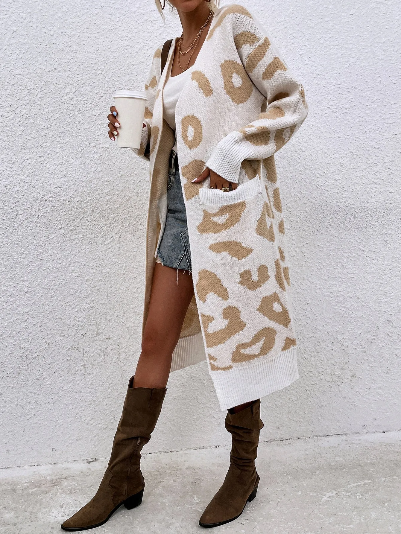 Casual Leopard Pocket Long Sleeve Midi Women Cardigan