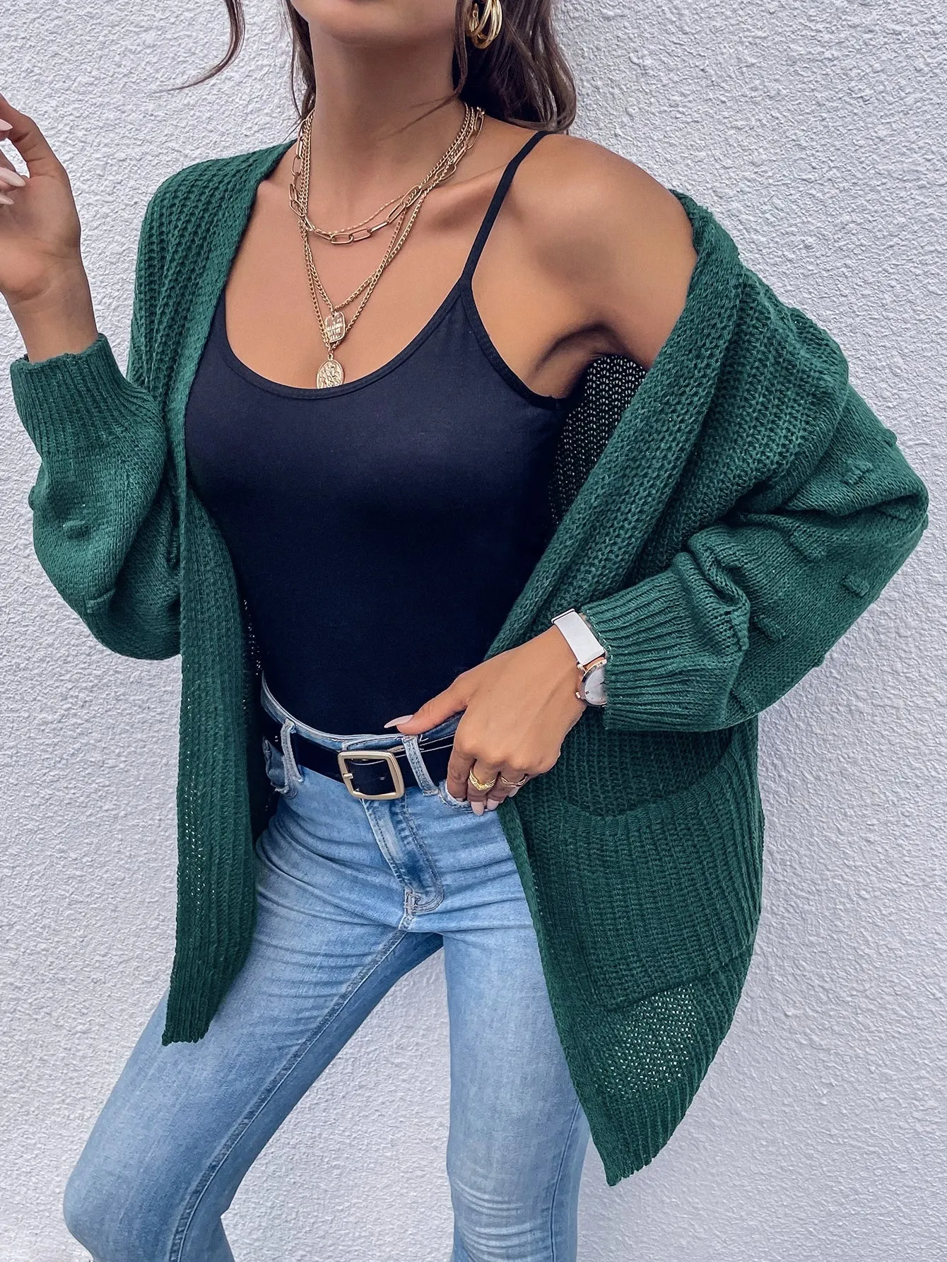 Casual Plain Pocket Long Sleeve Short Women Cardigan