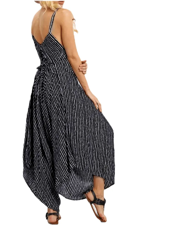 Casual Sexy Loose Stripe Print Backless V-neck Sling Jumpsuit For Female