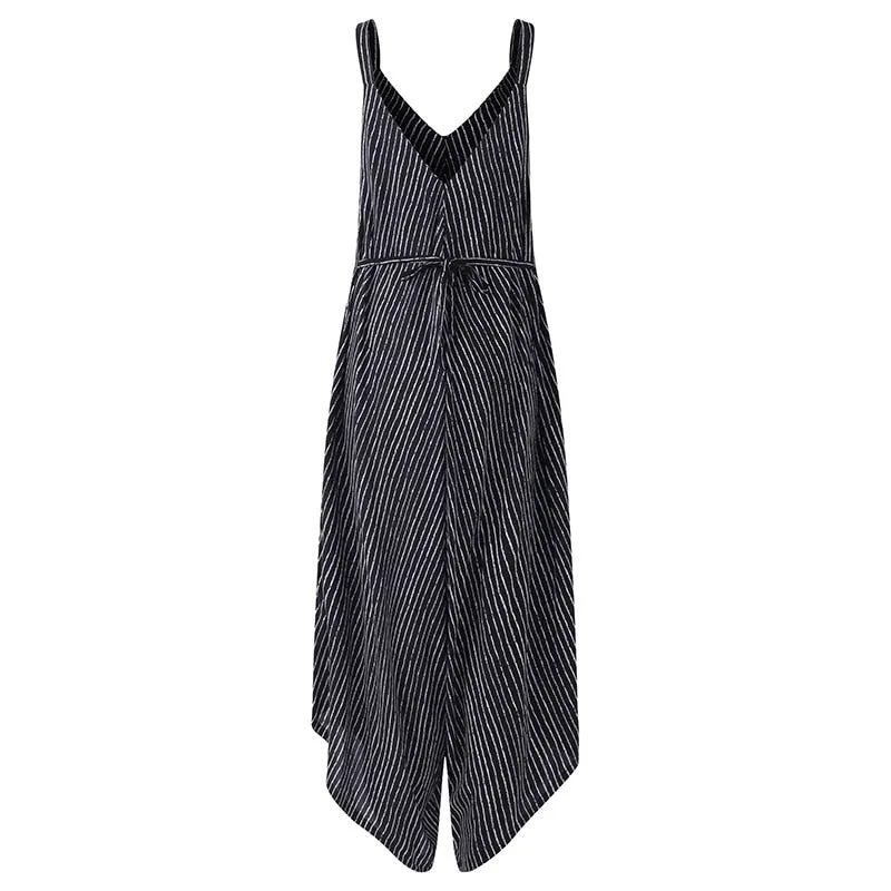 Casual Sexy Loose Stripe Print Backless V-neck Sling Jumpsuit For Female