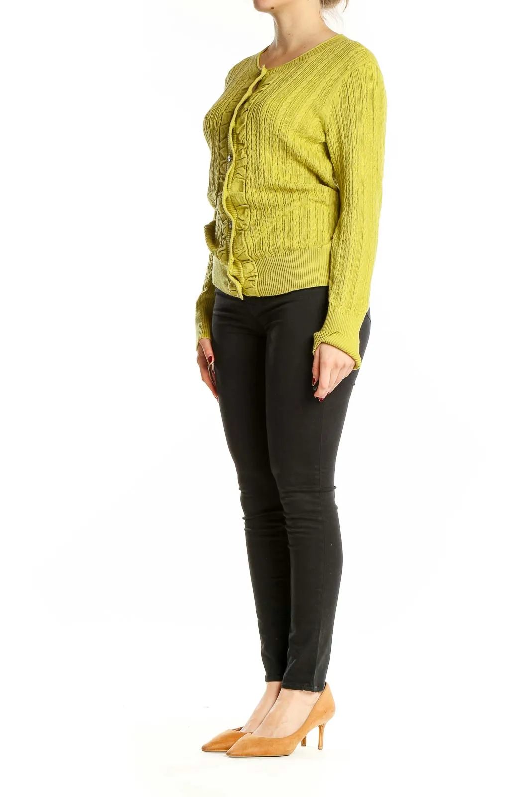 Chartreuse Cable Knit Button-Up Cardigan