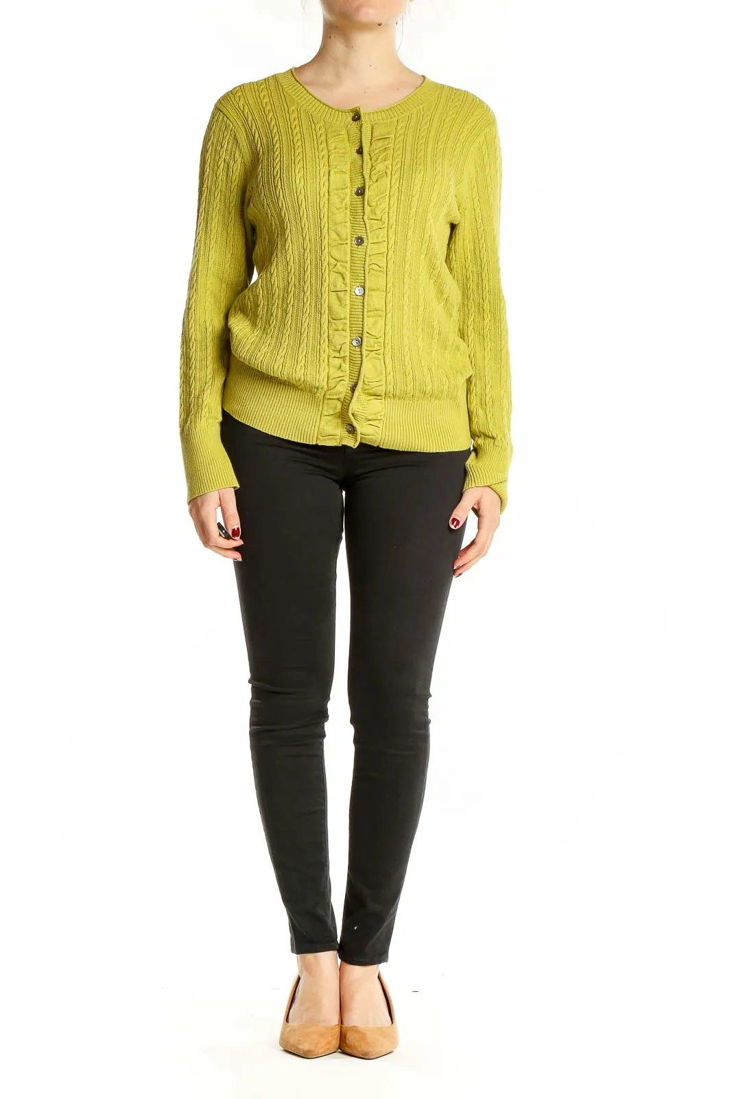 Chartreuse Cable Knit Button-Up Cardigan